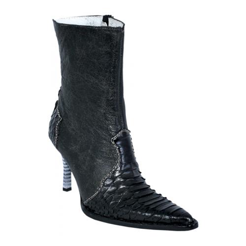 Los Altos Ladies Black Genuine Python Snake Skin Short Top  Boots With Zipper 365705